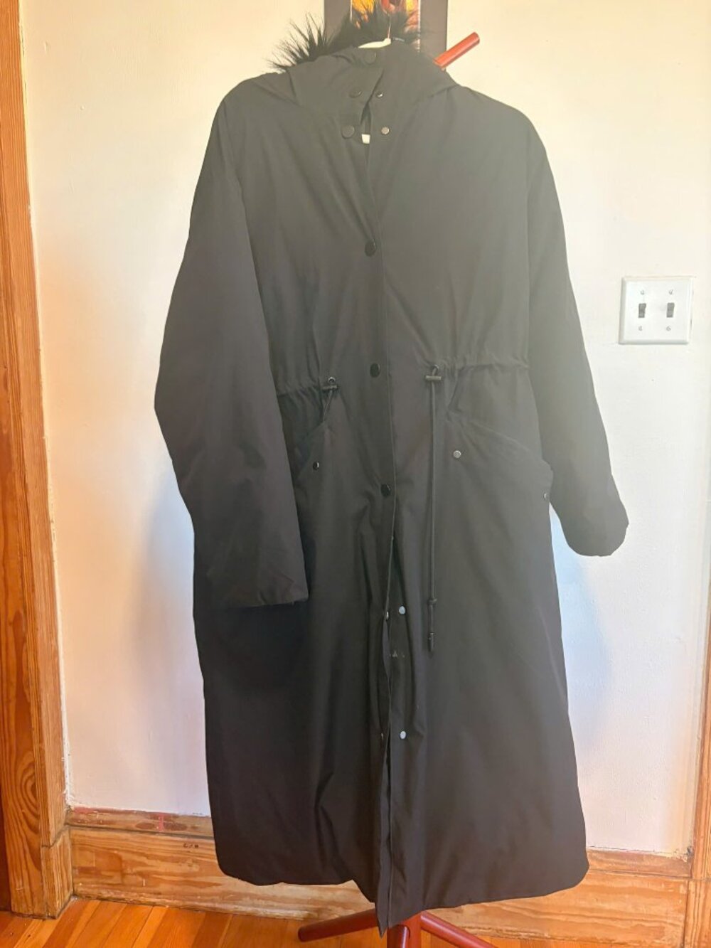 Zara Black Long Parka Coat – Faux Fur Hood – XS / Oversized Fit